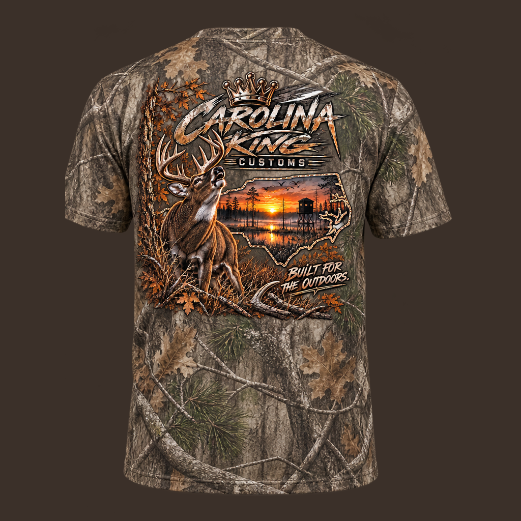 Carolina King Customs Performance Tee — Camo Skull Outdoor Fishing & Hunting Shirt