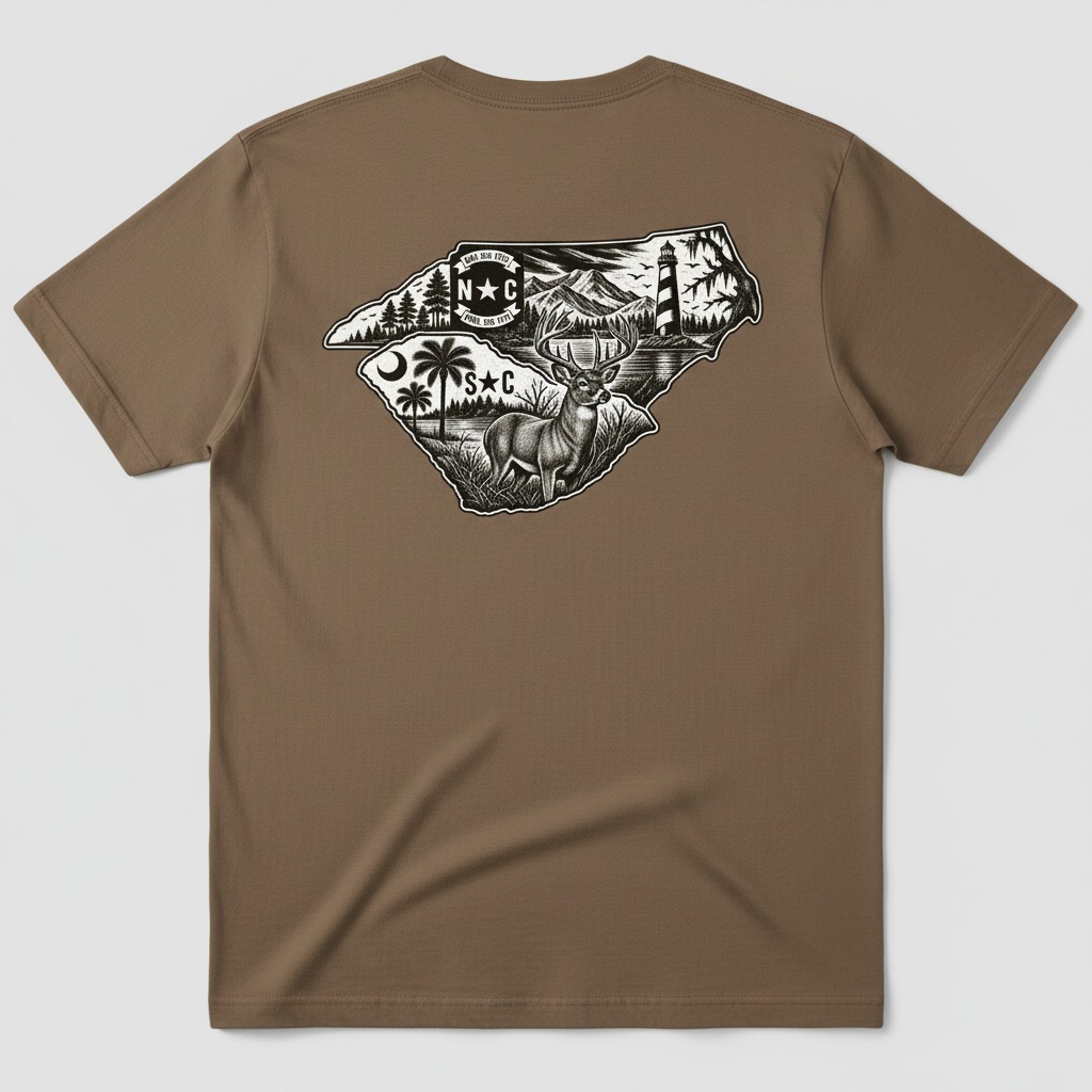 North Carolina/South Carolina Vintage Map T-Shirt | Palmetto, Lighthouse, Deer