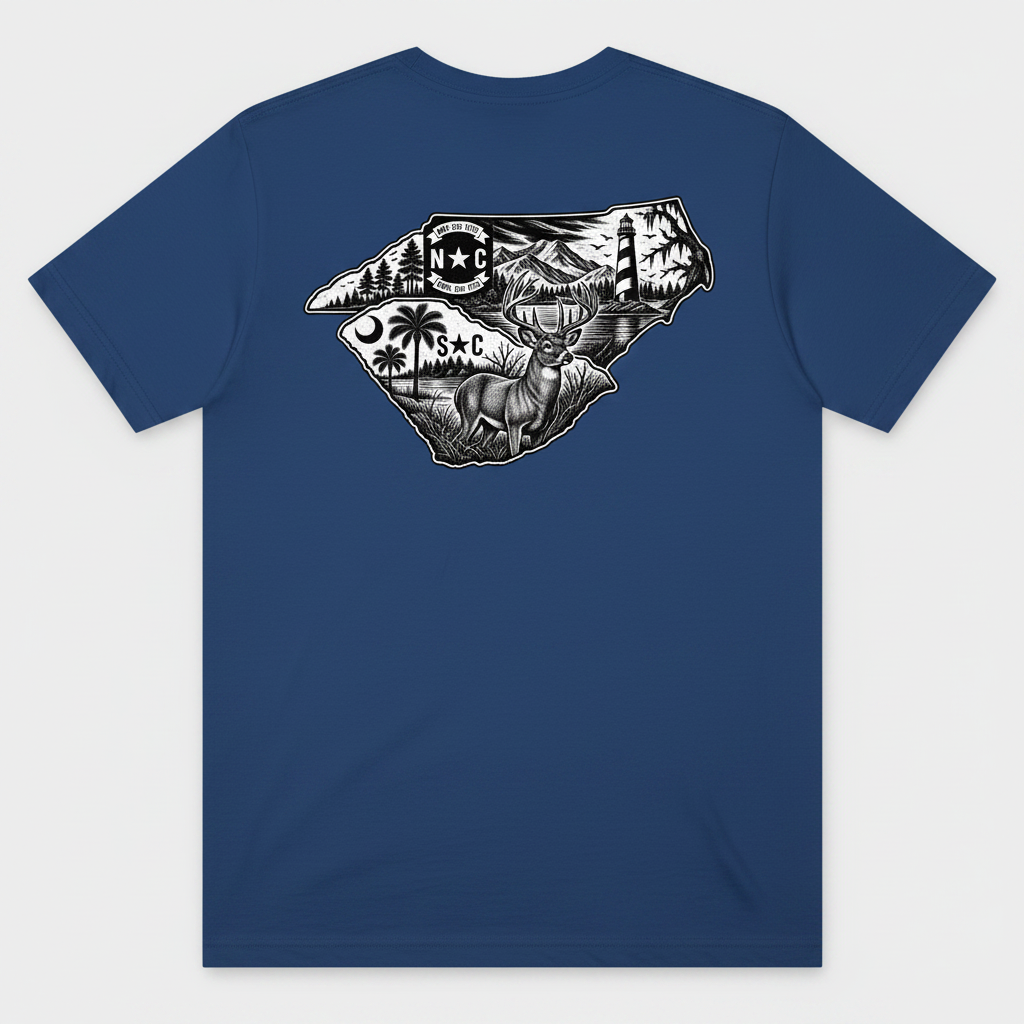 North Carolina/South Carolina Vintage Map T-Shirt | Palmetto, Lighthouse, Deer